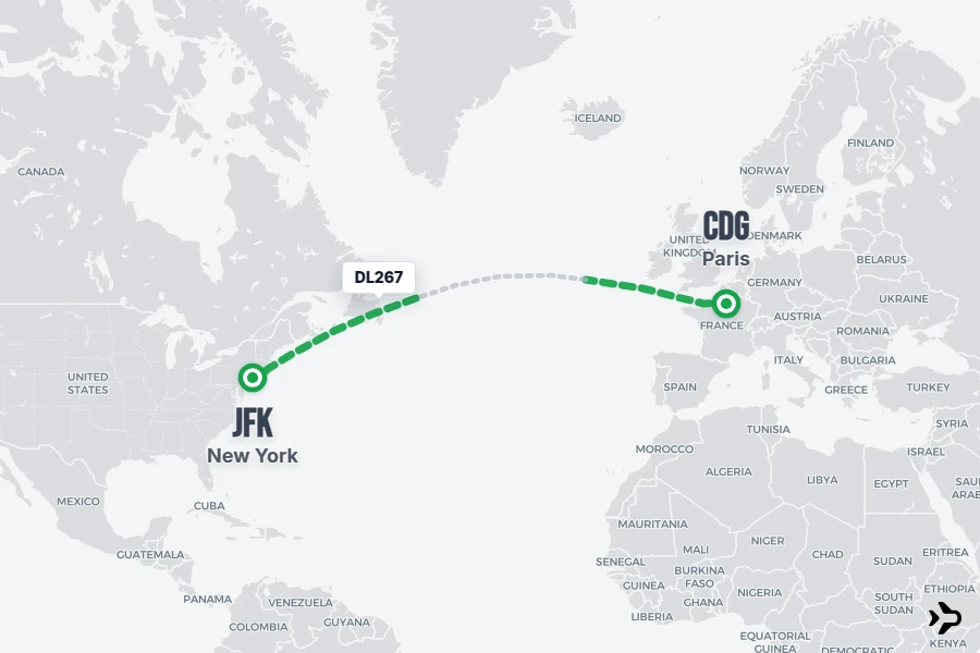 DL267 flight map from CDG to JFK