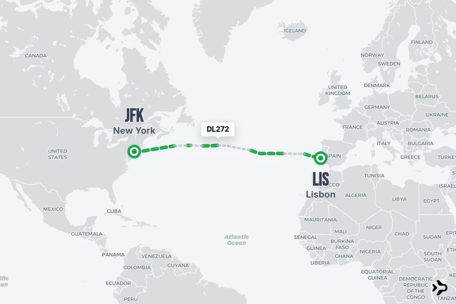 DL272 flight map from JFK to LIS