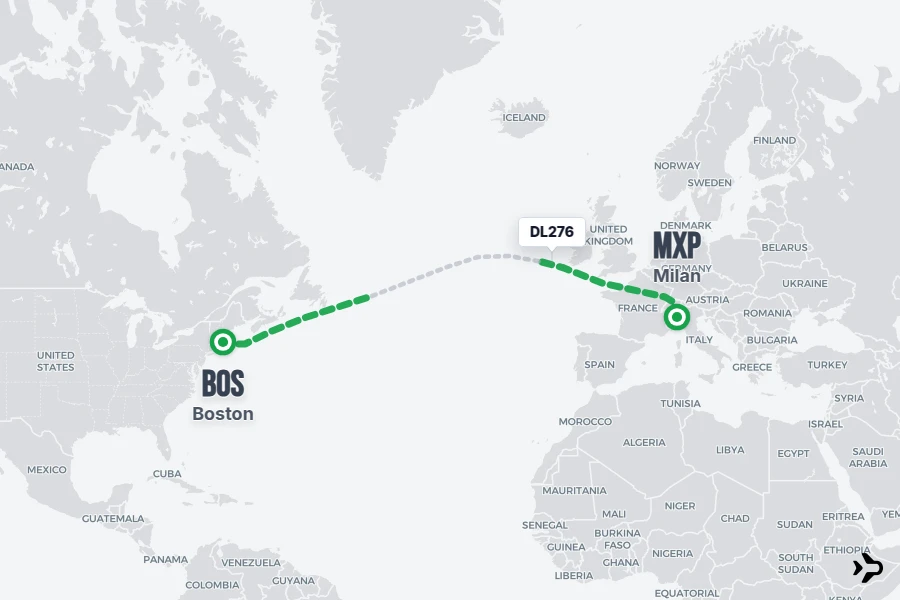 DL276 flight map from BOS to MXP