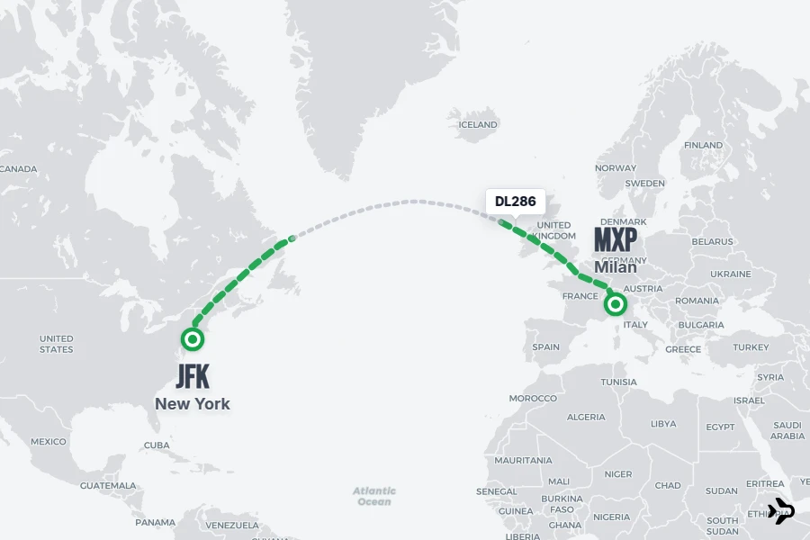 DL286 flight map from JFK to MXP