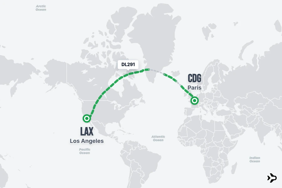 DL291 flight map from CDG to LAX