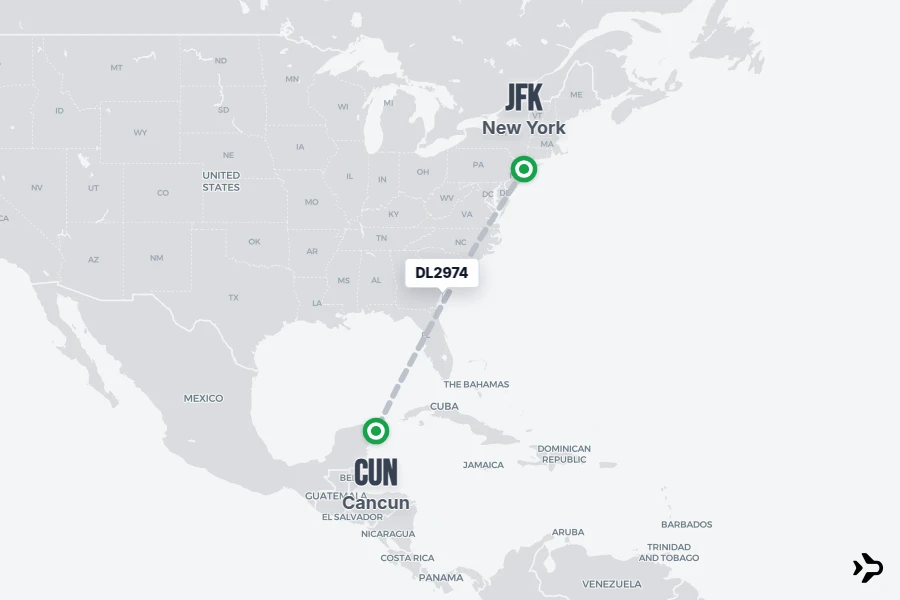 DL2974 flight map from JFK to CUN