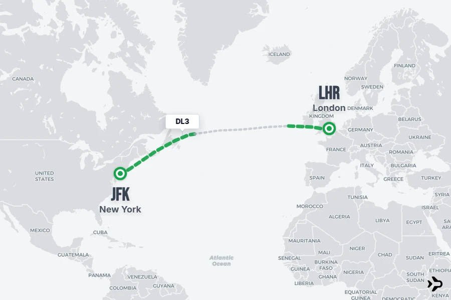 DL3 flight map from JFK to LHR