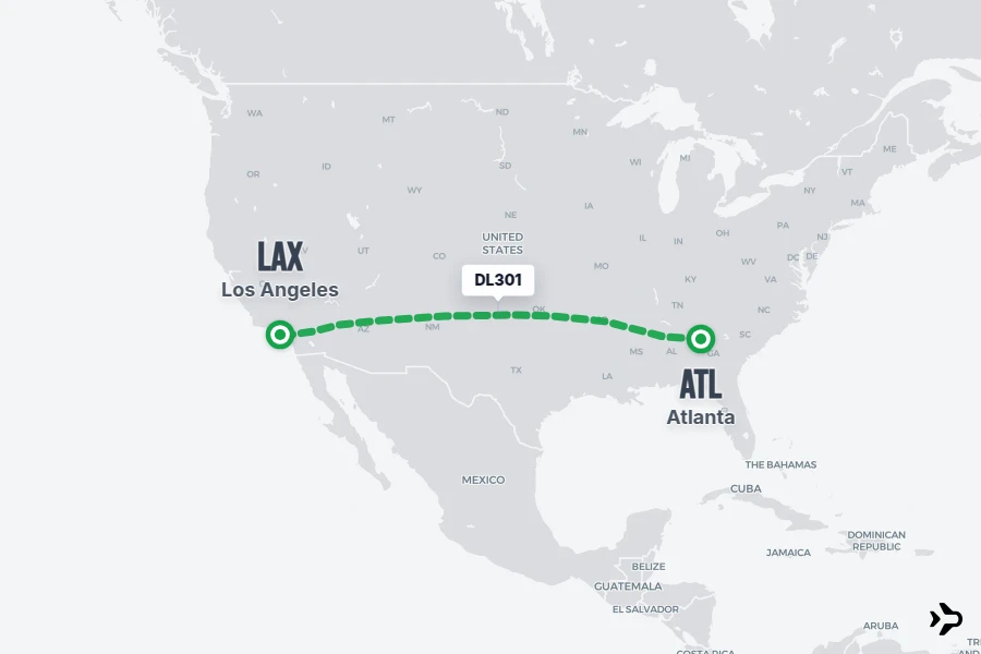 DL301 flight map from ATL to LAX
