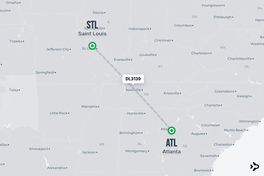 DL3139 flight map from STL to ATL