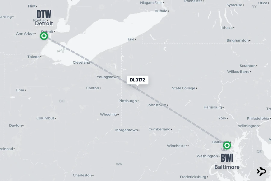 DL3172 flight map from BWI to DTW