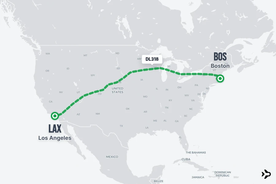 DL318 flight map from BOS to LAX