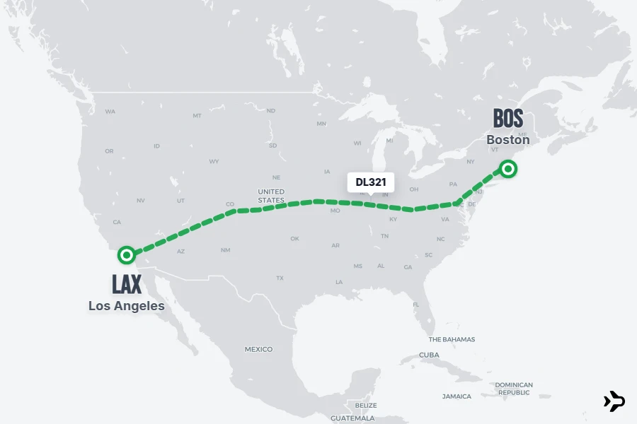 DL321 flight map from BOS to LAX