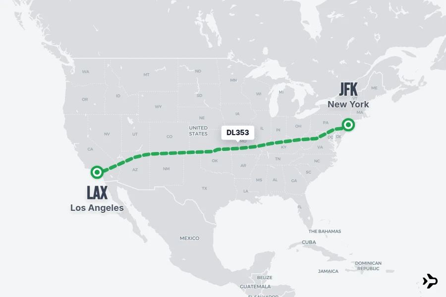 DL353 flight map from JFK to LAX