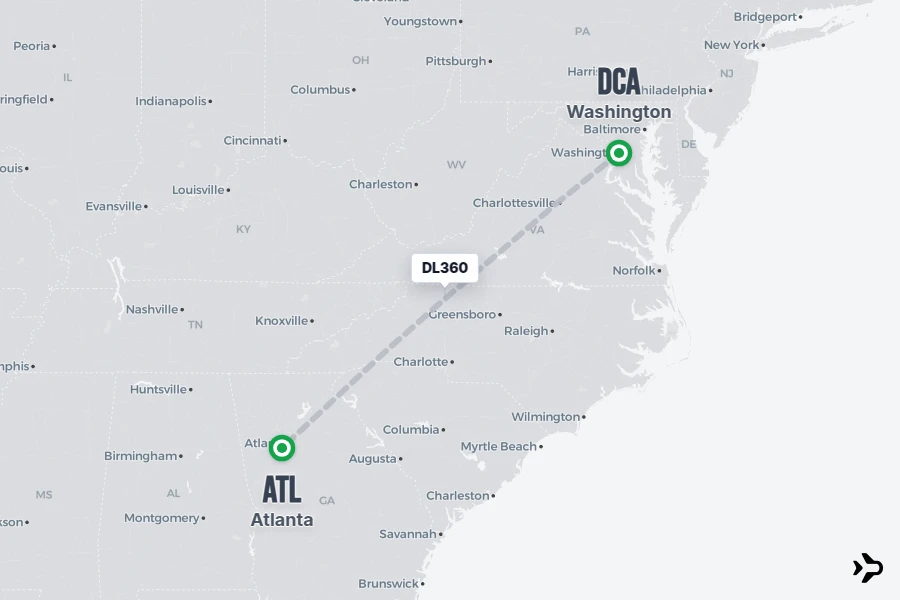 DL360 flight map from DCA to ATL