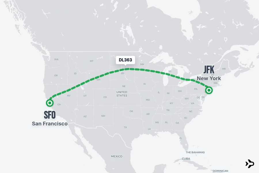 DL363 flight map from JFK to SFO