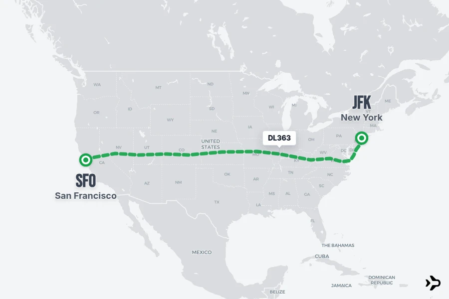 DL363 flight map from SFO to JFK