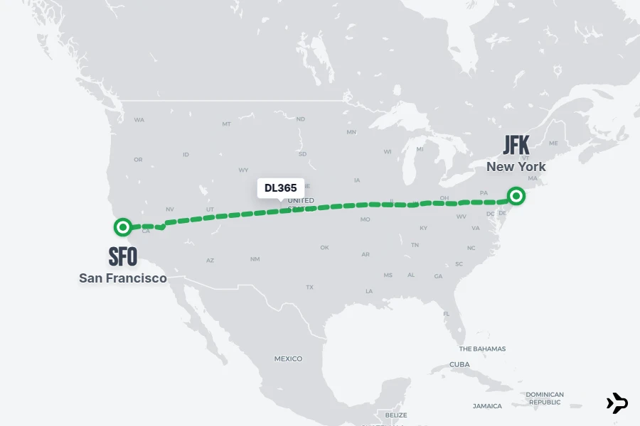 DL365 flight map from JFK to SFO