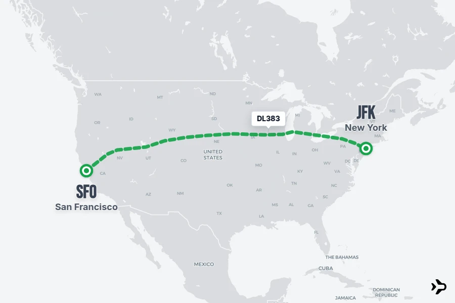 DL383 flight map from SFO to JFK