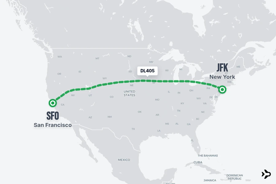 DL405 flight map from SFO to JFK