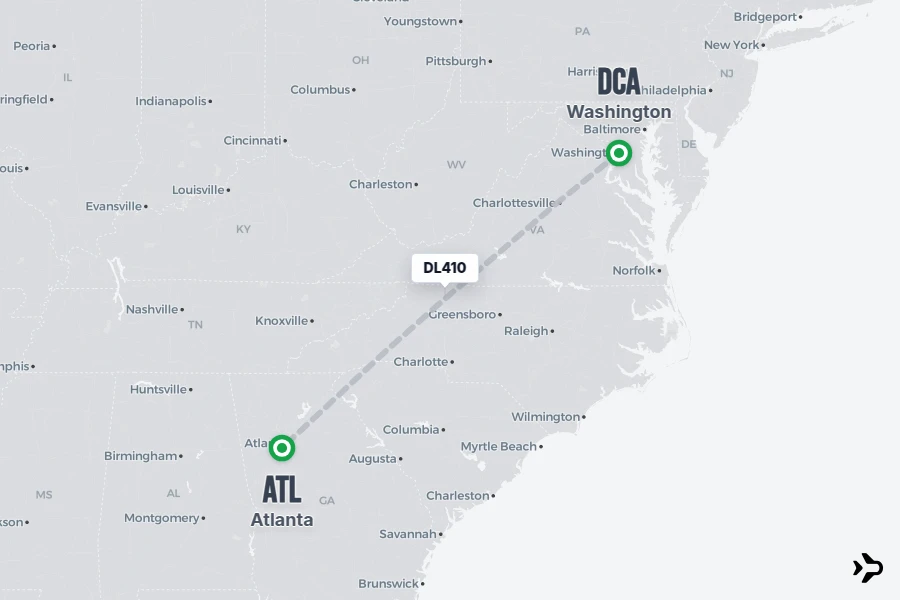DL410 flight map from DCA to ATL
