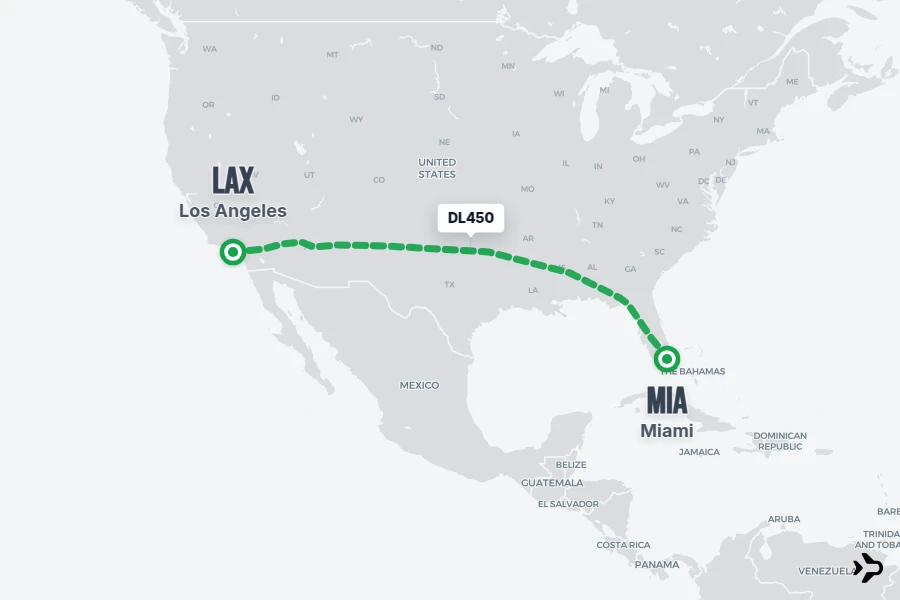 DL450 flight map from MIA to LAX