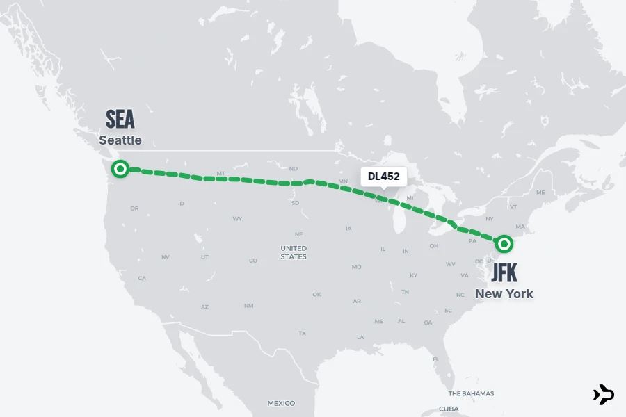 DL452 flight map from SEA to JFK