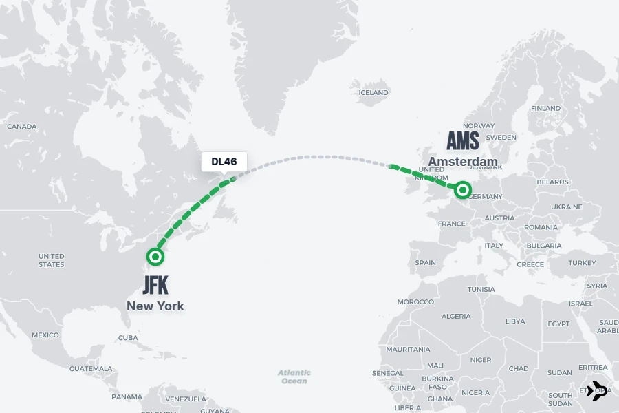 DL46 flight map from JFK to AMS