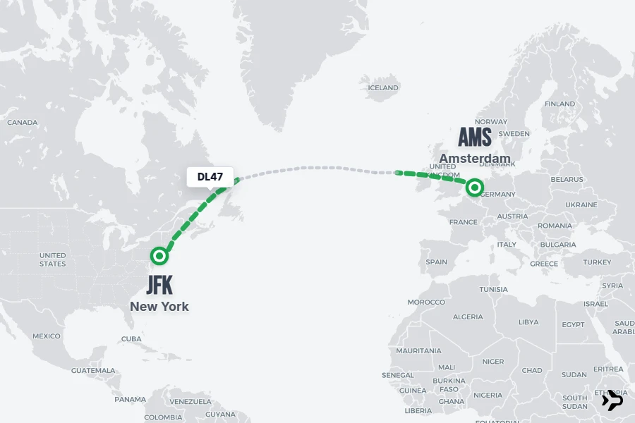 DL47 flight map from AMS to JFK