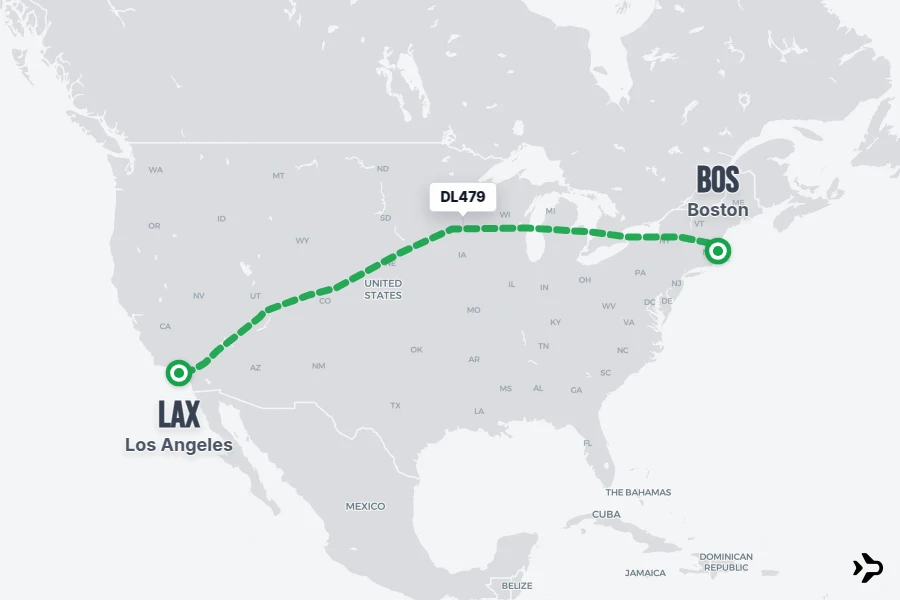 DL479 flight map from BOS to LAX