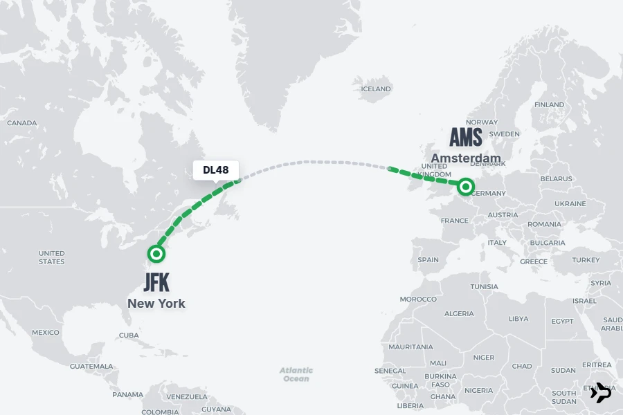 DL48 flight map from JFK to AMS
