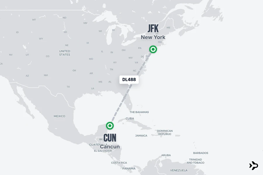 DL488 flight map from JFK to CUN