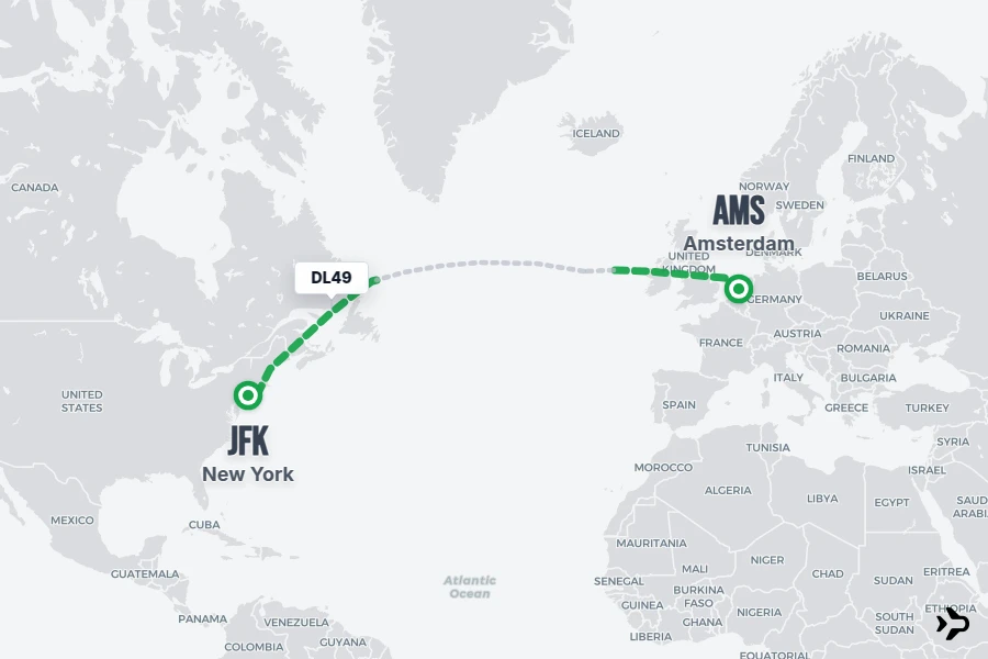 DL49 flight map from AMS to JFK