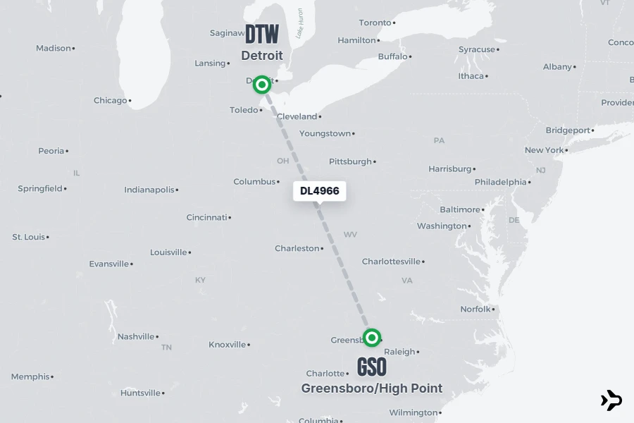 DL4966 flight map from DTW to GSO