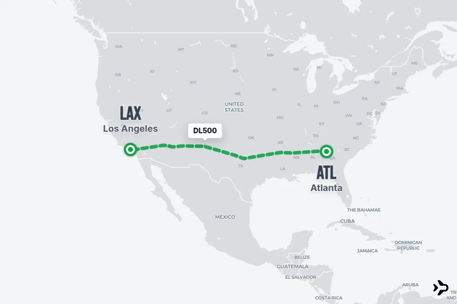 DL500 flight map from ATL to LAX