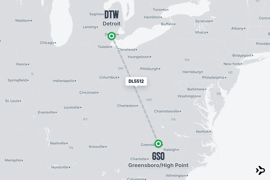 DL5512 flight map from DTW to GSO