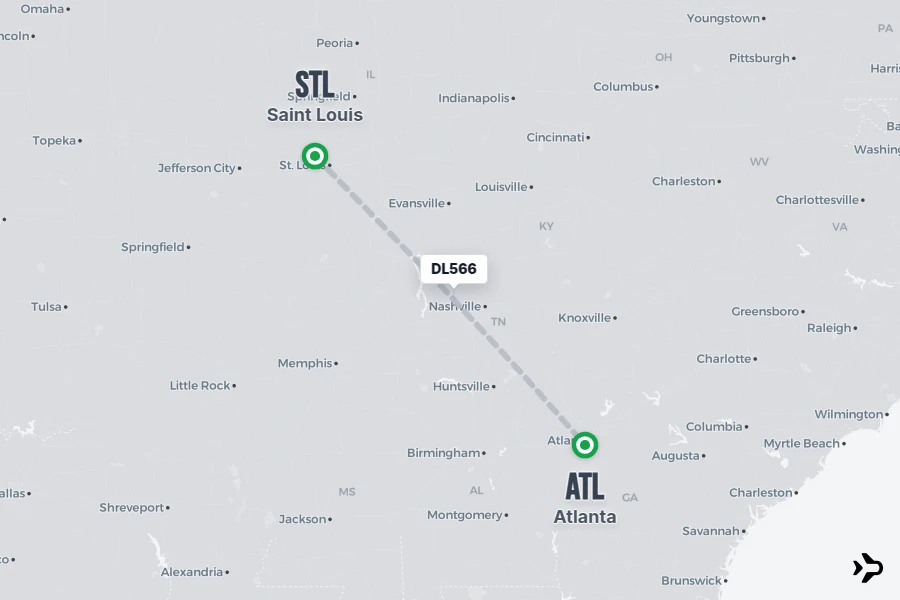 DL566 flight map from STL to ATL