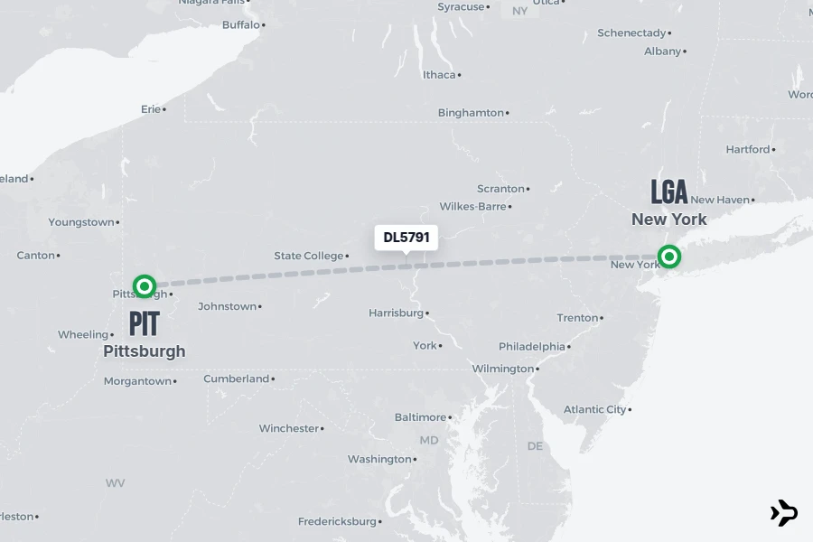 DL5791 flight map from LGA to PIT