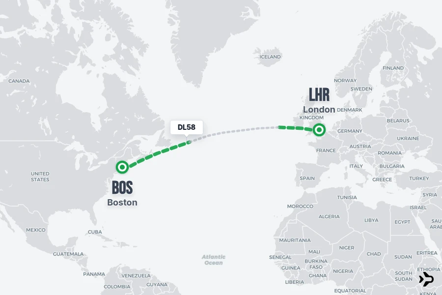DL58 flight map from BOS to LHR