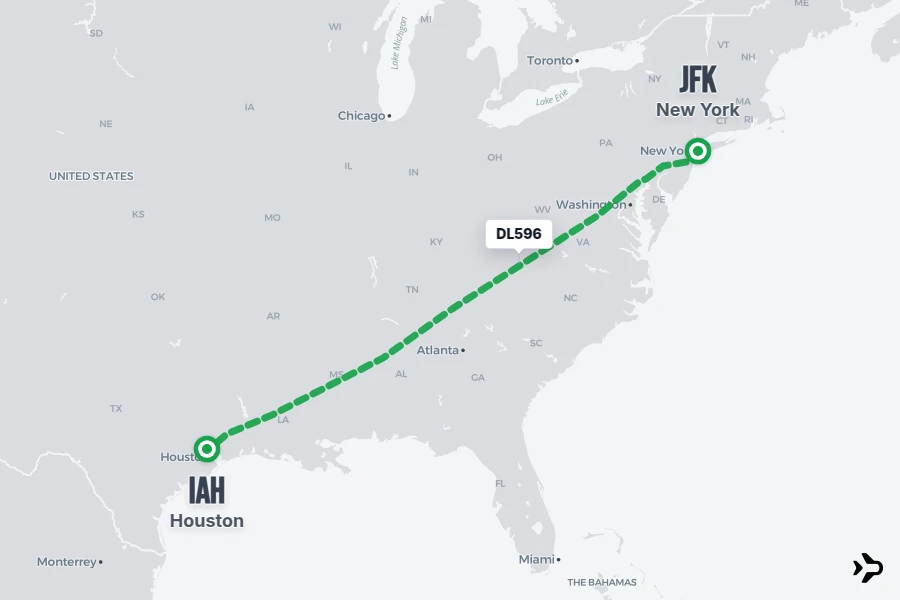 DL596 flight map from JFK to IAH