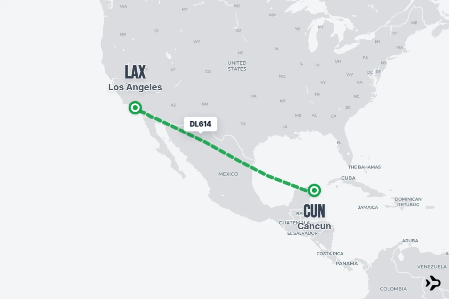 DL614 flight map from CUN to LAX