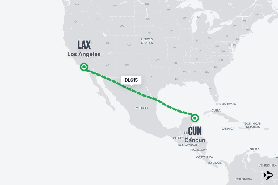 DL615 flight map from LAX to CUN