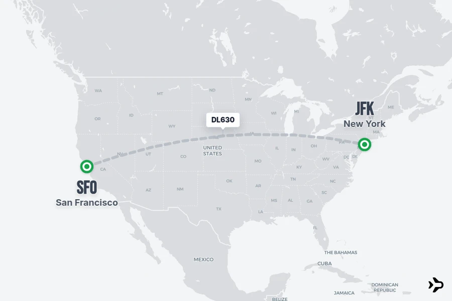 DL630 flight map from SFO to JFK