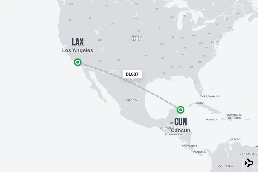 DL637 flight map from CUN to LAX