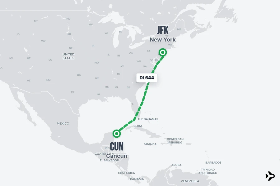 DL644 flight map from JFK to CUN