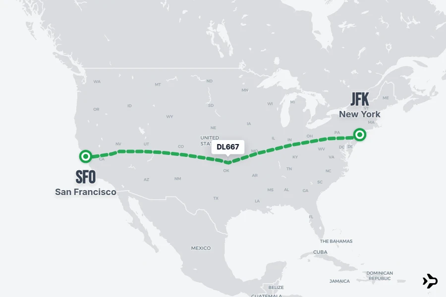 DL667 flight map from JFK to SFO