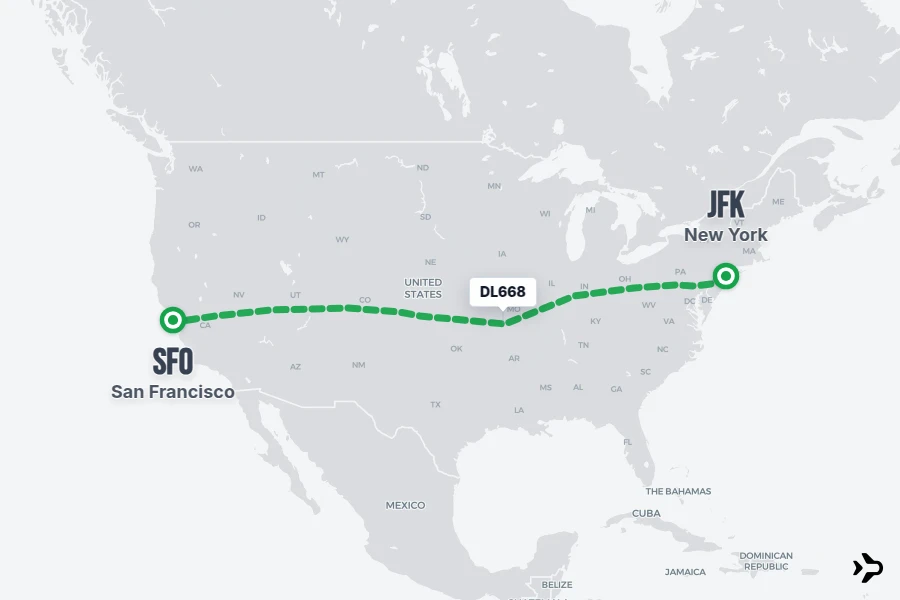 DL668 flight map from JFK to SFO