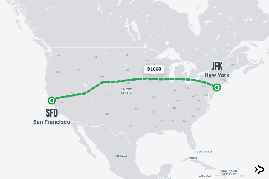 DL668 flight map from SFO to JFK
