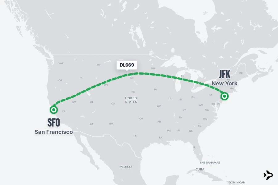 DL669 flight map from JFK to SFO