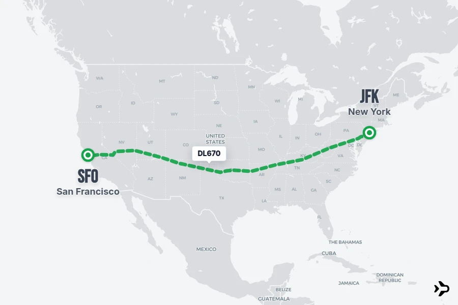 DL670 flight map from JFK to SFO
