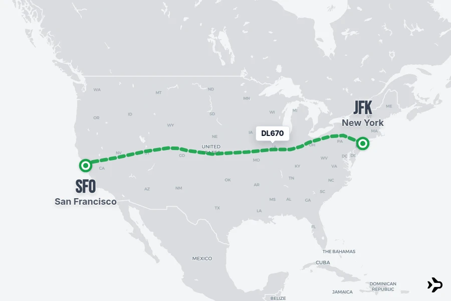DL670 flight map from SFO to JFK