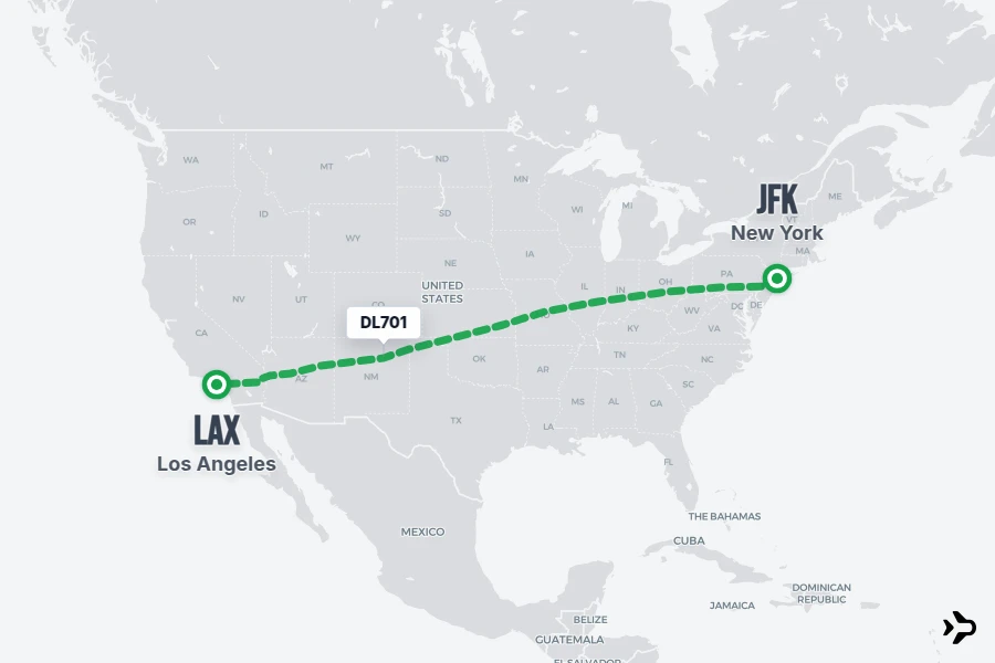DL701 flight map from JFK to LAX