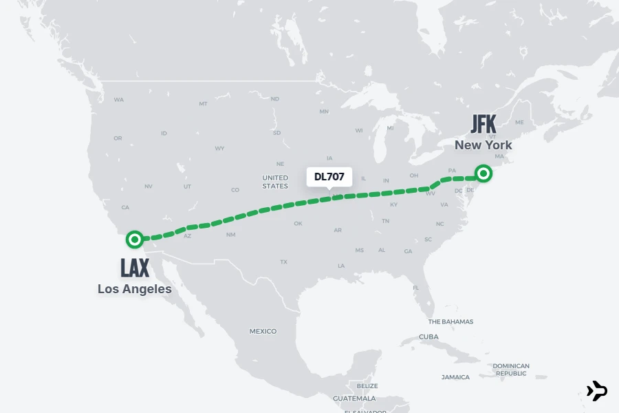 DL707 flight map from JFK to LAX