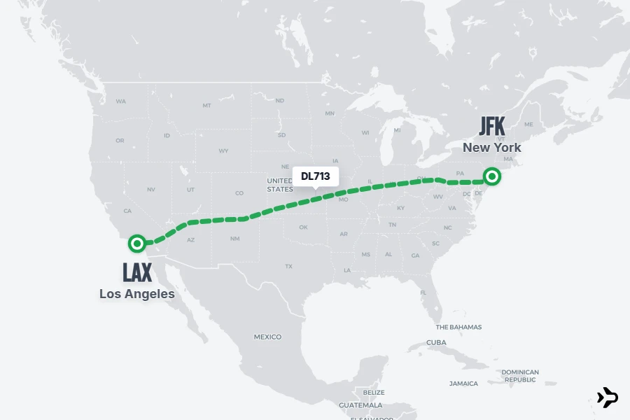 DL713 flight map from JFK to LAX