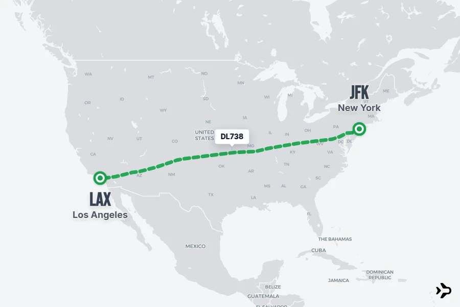 DL738 flight map from JFK to LAX